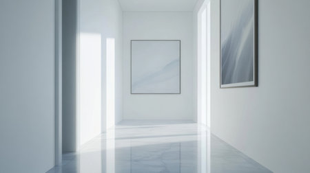 A unique perspective of a hallway in a minimalist home, highlighting the simplicity of the design with white walls, a polished floor, and minimal artwork for an elegant touch.の素材