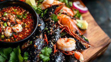 A vibrant close-up with its signature black color, topped with fresh seafood, served with a side of spicy dipping sauce on a rustic wooden board.の素材