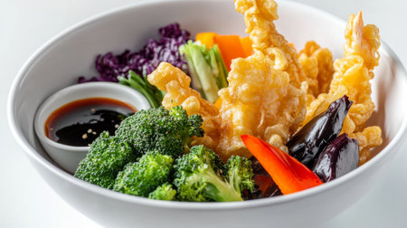 A vibrant arrangement of vegetable tempura, including broccoli, bell peppers, and eggplant, presented in a white bowl with a side of dipping sauce for a fresh and colorful displayの素材
