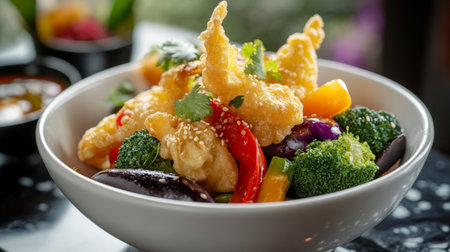 A vibrant arrangement of vegetable tempura, including broccoli, bell peppers, and eggplant, presented in a white bowl with a side of dipping sauce for a fresh and colorful displayの素材