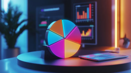 A vibrant 3D pie chart with semi-transparent slices, illustrating company performance metrics, placed on a modern business presentation screen with glowing elementsの素材