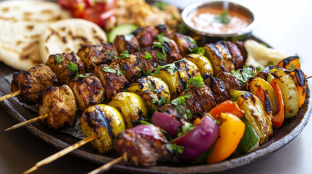 A vibrant platter of assorted kebabs, including chicken, beef, and vegetable skewers, garnished with fresh herbs and served with a side of tangy dipping sauce and pita bread.の素材