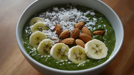 A vibrant green smoothie bowl made from spinach, kiwi, and apple, topped with sliced bananas, almonds, and coconut flakes, creating a colorful and healthy snack.の素材