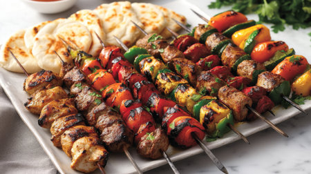A vibrant platter of assorted kebabs, including chicken, beef, and vegetable skewers, garnished with fresh herbs and served with a side of tangy dipping sauce and pita bread.の素材