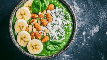 A vibrant green smoothie bowl made from spinach, kiwi, and apple, topped with sliced bananas, almonds, and coconut flakes, creating a colorful and healthy snack.の素材