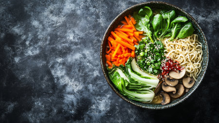 A vibrant bowl of vegan ramen, featuring colorful vegetables like bok choy, mushrooms, and carrots, served in a rich vegetable broth, showcasing the healthiness and freshness of the dish.の素材