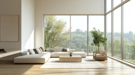 An airy and bright interior of a minimalist living room featuring a neutral color scheme, minimalist furniture, and large windows that let in natural light, creating a serene atmosphere.の素材