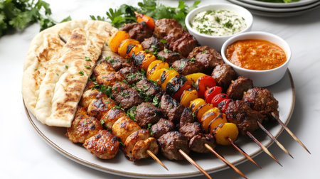 A vibrant platter of assorted kebabs, including chicken, beef, and vegetable skewers, garnished with fresh herbs and served with a side of tangy dipping sauce and pita bread.の素材