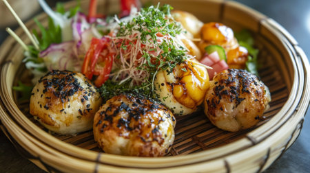 An artistic arrangement of assorted takoyaki served on a bamboo plate, garnished with colorful vegetables and fresh herbs, emphasizing the dish's vibrant colors and texturesの素材