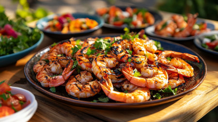 A vibrant outdoor dining scene featuring a platter of grilled shrimp served on a wooden table, garnished with fresh herbs and accompanied by colorful side dishes.の素材