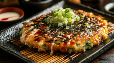 A vibrant okonomiyaki served on a bamboo mat, garnished with seaweed flakes and green onions, alongside a dipping sauce, highlighting the dish's beautiful presentation.の素材