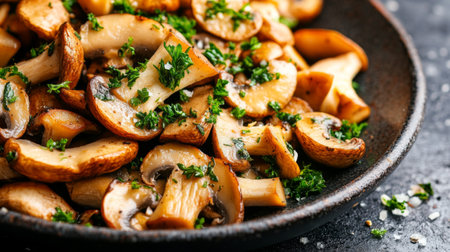 A vibrant dish featuring saut king oyster mushrooms served with garlic and herbs, garnished with fresh parsley, highlighting their culinary versatility and flavor.の素材