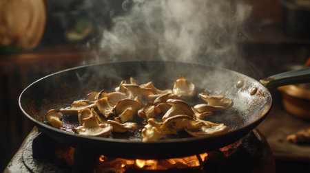 A warm, rustic kitchen setting with king oyster mushrooms being grilled on a pan, filling the air with an inviting aroma, perfect for showcasing home cooking.の素材