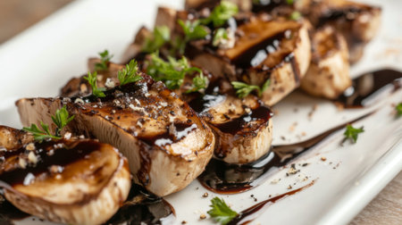 A visually appealing platter of king oyster mushrooms topped with a drizzle of balsamic glaze, served as an elegant appetizer for a fine dining experience.の素材