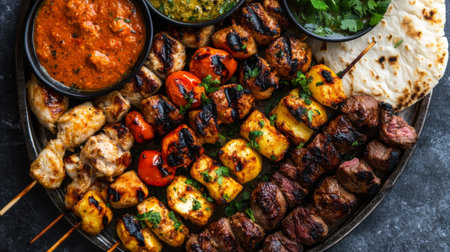 A vibrant platter of assorted kebabs, including chicken, beef, and vegetable skewers, garnished with fresh herbs and served with a side of tangy dipping sauce and pita bread.の素材
