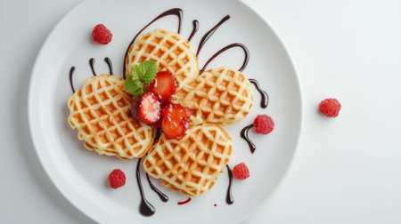 A whimsical arrangement of heart-shaped waffles, garnished with fresh fruit and chocolate drizzle, beautifully presented on a white plate against a bright white background.の素材