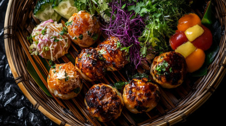 An artistic arrangement of assorted takoyaki served on a bamboo plate, garnished with colorful vegetables and fresh herbs, emphasizing the dish's vibrant colors and texturesの素材