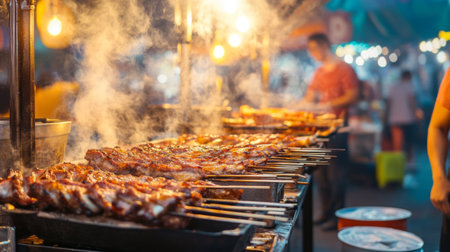 A vibrant street food scene with vendors selling grilled pork ribs, smoke wafting through the air, highlighting the lively atmosphere of a local night market.の素材