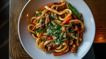 A vibrant udon stir-fry dish featuring thick noodles tossed with colorful vegetables and sliced meat, served on a white plate, showcasing the freshness and appetizing colors.の素材
