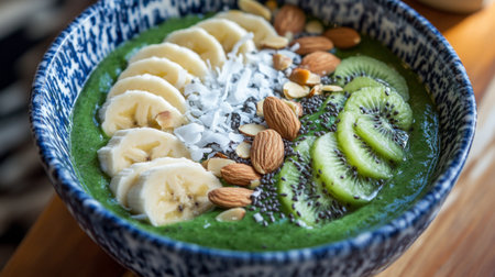 A vibrant green smoothie bowl made from spinach, kiwi, and apple, topped with sliced bananas, almonds, and coconut flakes, creating a colorful and healthy snack.の素材
