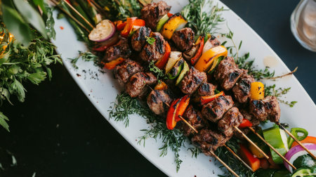 An artistic arrangement of kebabs served on a traditional plate, garnished with fresh vegetables and herbs, showcasing the colorful presentation of this beloved dish.の素材