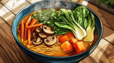 A vibrant bowl of vegan ramen, featuring colorful vegetables like bok choy, mushrooms, and carrots, served in a rich vegetable broth, showcasing the healthiness and freshness of the dish.の素材