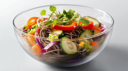 An artistic arrangement of soba salad, featuring colorful vegetables and a light dressing, served in a clear bowl, highlighting the freshness and healthiness of the dish.の素材