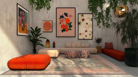 An artistic arrangement of decorative elements in a living room, including wall art, indoor plants, and unique furniture pieces, showcasing personal style and creativityの素材