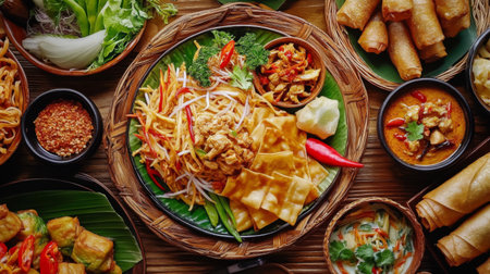 A vibrant spread of traditional Thai dishes, including Pad Thai, green curry, and spring rolls, beautifully arranged on a wooden table, showcasing the colorful presentation of Thai cuisine.の素材