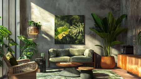 An artistic arrangement of decorative elements in a living room, including wall art, indoor plants, and unique furniture pieces, showcasing personal style and creativityの素材