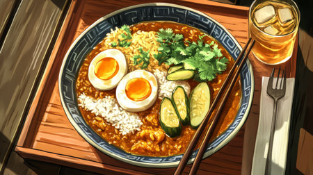 An artistic arrangement of Japanese curry rice garnished with sliced boiled eggs, pickles, and fresh herbs, served on a wooden tray with chopsticks and a glass of cold tea.の素材