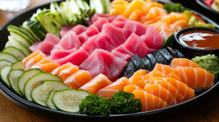 A vibrant sushi platter displaying an array of sashimi, with salmon, tuna, and snapper elegantly arranged alongside colorful vegetables and a side of dipping sauces.の素材