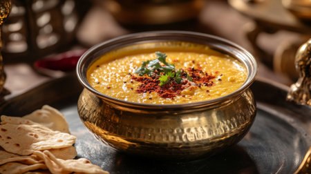 An artistic arrangement of dal served in a traditional brass bowl, garnished with a sprinkle of chili powder and accompanied by crispy papadums, highlighting its rich presentation.の素材