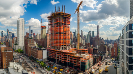 A wide-angle shot of a tall building being constructed, capturing the cranes and workers involved in the project, emphasizing the continuous growth of urban landscapes.の素材
