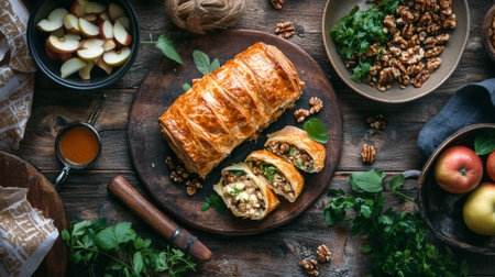 A warm apple and walnut strudel sliced into servings, with the crispy outer pastry contrasting the soft, cinnamon-infused filling, served on a rustic wooden table.の素材
