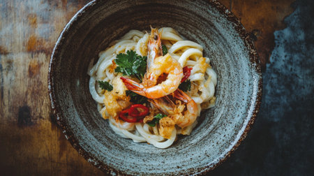 A delicious shrimp and noodle dish served in a rustic bowl, garnished with fresh herbs and spices. Perfect for food photography or culinary inspiration.の素材