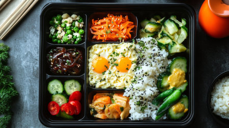 A vibrant Japanese bento box featuring fresh ingredients, including rice, vegetables, and eggs, perfect for a healthy meal or lunch option.の素材