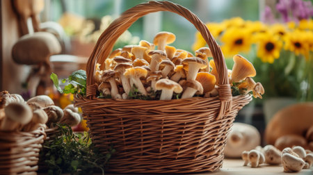 A rustic basket filled with fresh mushrooms, showcasing vibrant colors and organic allure. This appealing arrangement is perfect for culinary themes and seasonal decor.の素材