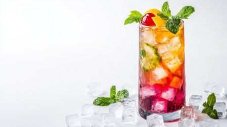 A vibrant cocktail featuring colorful layers, garnished with mint and cherries. Perfect for summer parties, this refreshing drink is served on ice.の素材
