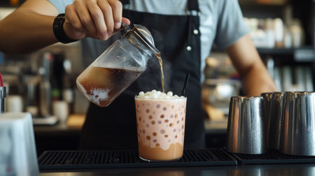 A barista skillfully pours a frothy beverage into a glass filled with bubbles, showcasing the art of drink preparation in a trendy cafe setting.の素材