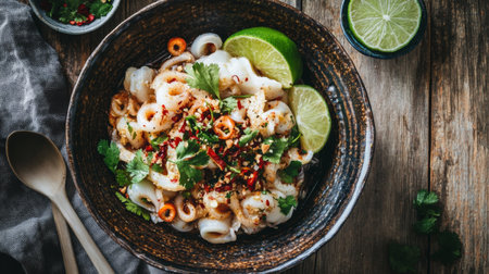 A vibrant bowl of topped with fresh squid, garnished with herbs and lime wedges, served on a rustic wooden table for an authentic feelの素材