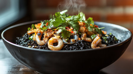 A steaming bowl of black ink rice, topped with fried calamari and a drizzle of spicy sauce, garnished with fresh cilantro and chili slices, highlighting its rich flavors.の素材