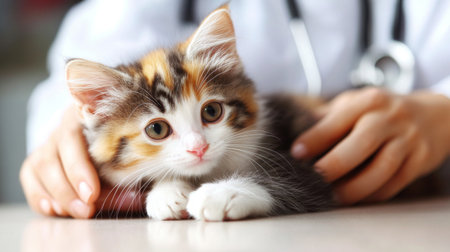 A veterinary nurse comforting a scared kitten while a veterinarian prepares for a check-up, highlighting the compassion and care provided in veterinary practice.の素材