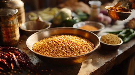 A traditional Indian kitchen scene featuring lentils soaking in a bowl, spices being measured, and ingredients prepared for cooking dal, emphasizing the preparation process.の素材