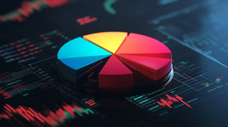 A sleek financial pie chart with colorful segments representing investment portfolios, set against a digital background with financial data, graphs, and stock market indicators.の素材