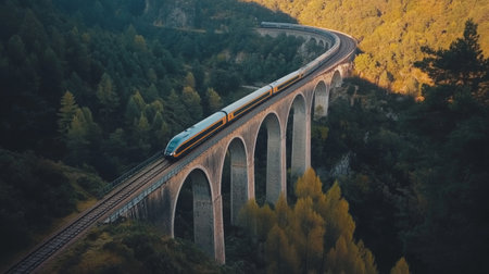 A stunning aerial view of a high-speed train on a bridge, with breathtaking scenery below, capturing the beauty of travel and the engineering marvel of modern trains.の素材