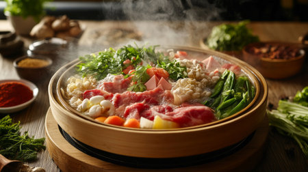 A steaming hot pot filled with colorful vegetables and meat, placed on a wooden dining table, surrounded by fresh herbs and spices, inviting a sense of warmth and togetherness.の素材