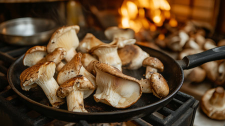 A warm, rustic kitchen setting with king oyster mushrooms being grilled on a pan, filling the air with an inviting aroma, perfect for showcasing home cooking.の素材