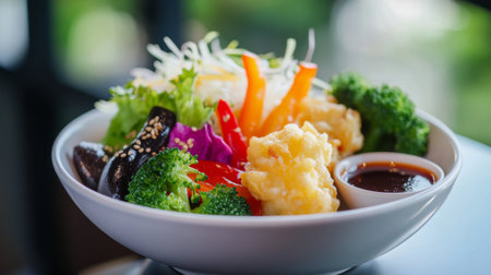 A vibrant arrangement of vegetable tempura, including broccoli, bell peppers, and eggplant, presented in a white bowl with a side of dipping sauce for a fresh and colorful displayの素材