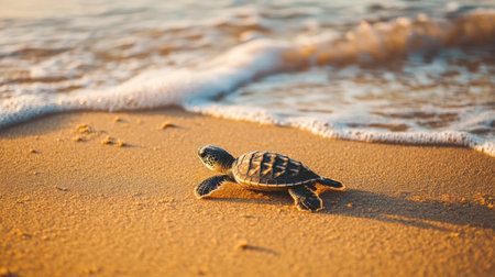 A baby turtle makes its way across the sandy beach, heading toward the ocean waves. This serene scene captures the beauty of nature and wildlife.の素材